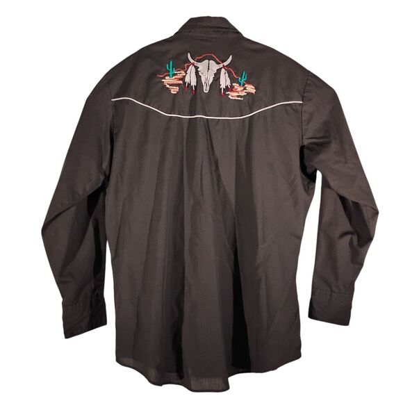 Ely Diamond pearl snap shirt mens L Large black skull embroidered feather - Picture 2 of 9